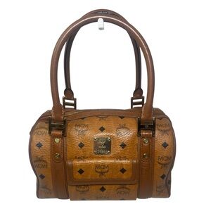 Authentic MCM Cognac Leather Boston Satchel Bag Gold Hardware